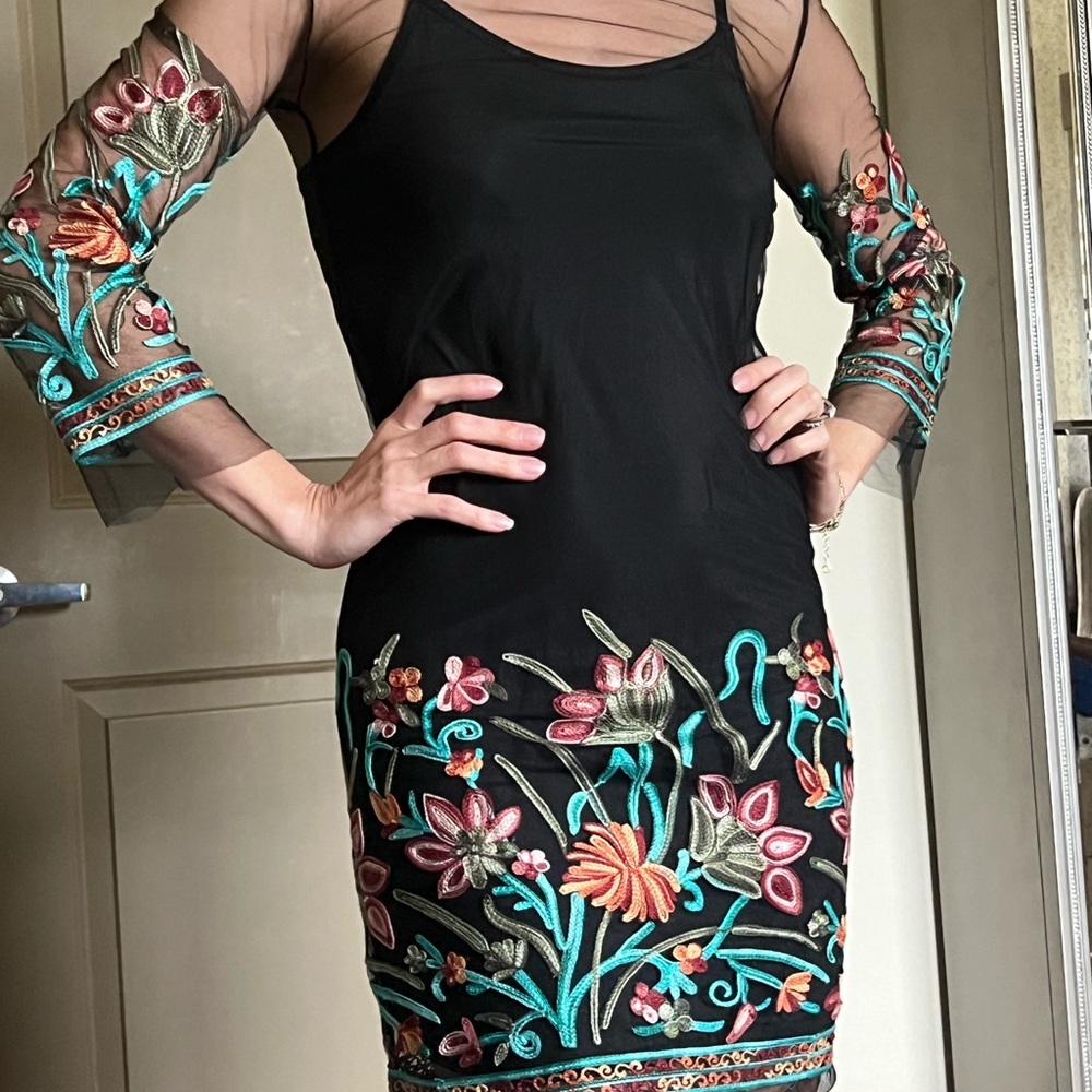 Floral Embroidered Black Dress